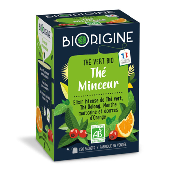 Biorigine Zelený čaj BIO s mätou, šípkami a pomarančom, 20ks, Francúzsko, krabička 39g