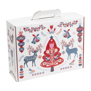 Vianočná darčeková krabica - kufrík s rúčkou biely, motív Scandinave, 34x22x12 cm