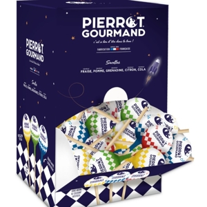 Pierrot Gourmand 150 ks ovocných guľatých lízaniek, Francúzsko, prezent. krabi...
